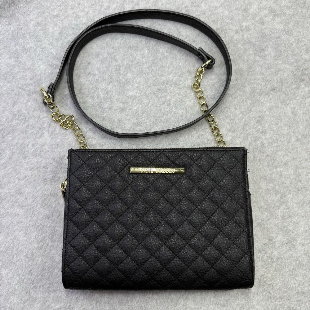 Steve Madden Black Quilted Crossbody Faux Leather Small Bag Purse Clutch